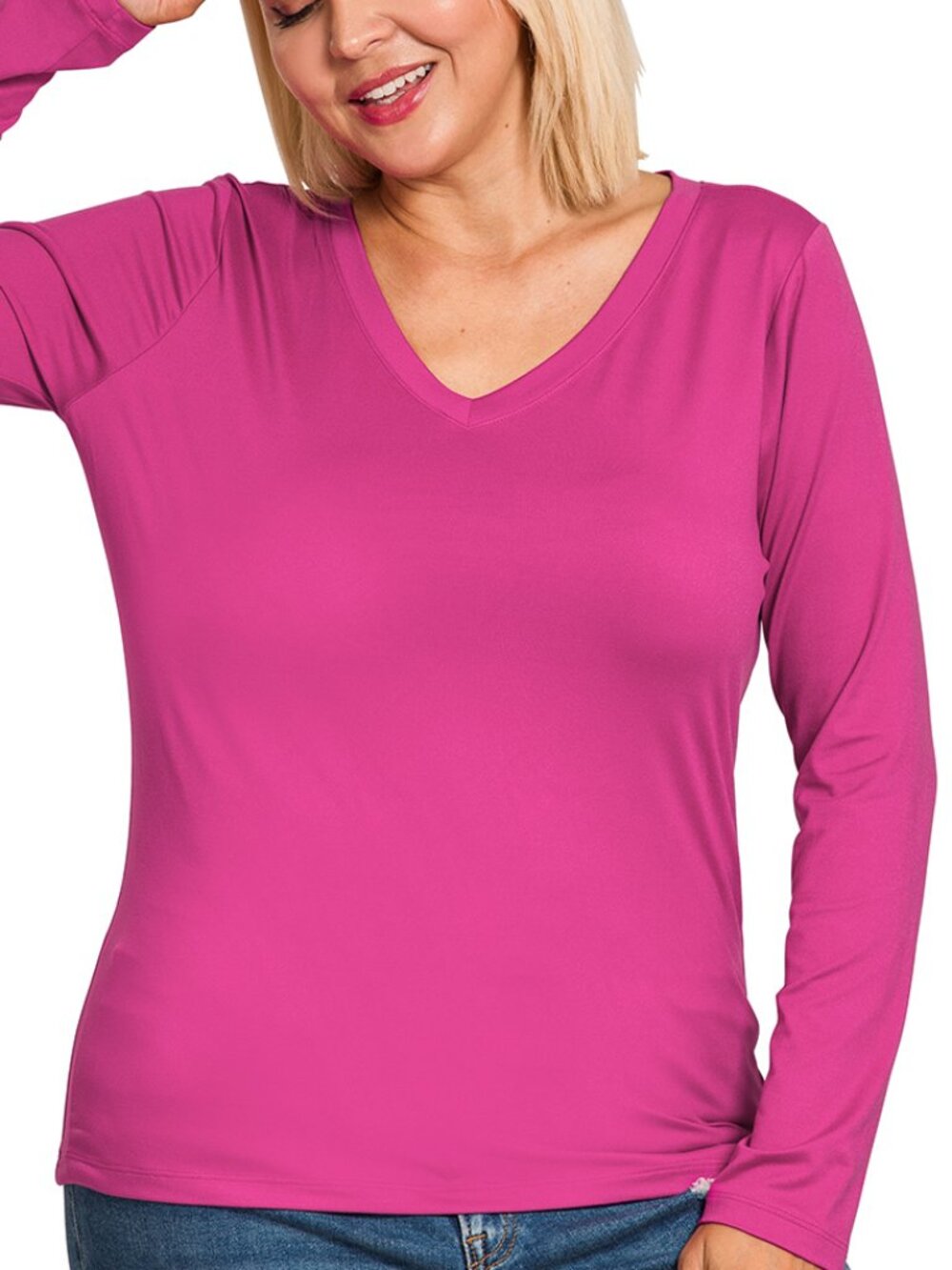 Plus Size Brushed DTY Microfiber Long Sleeve V‑Neck Tee – Buttery Soft Stretch